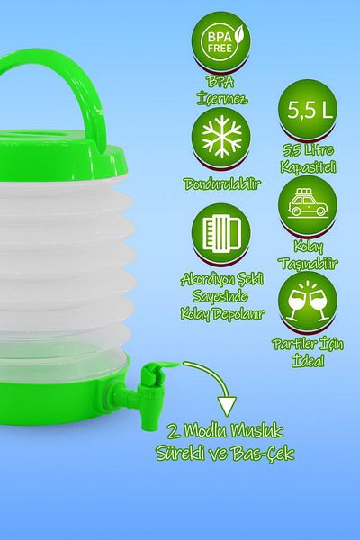 Telvesse Folding Water Canister with Tap Outdoor Accordion Camping Fountain Picnic Demijohn Beverage Bottle Bucket Green