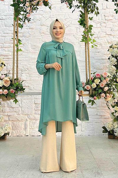 Bym Fashion Collar Detail Tailed Sleeve Cuffed Chiffon Tunic 2454 Mint
