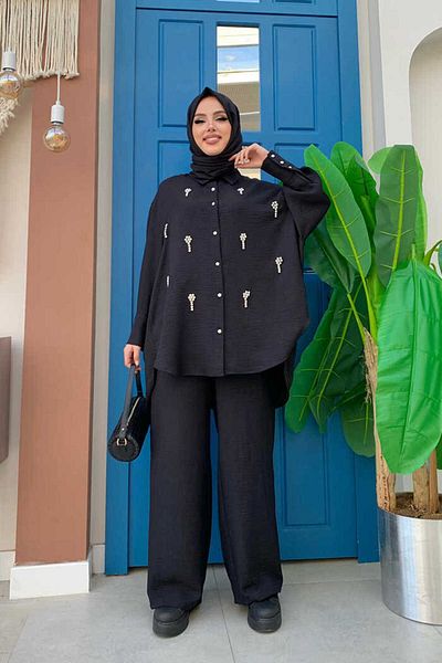 Bym Fashion Mit Stein bestickte Tunika mit Knöpfen 2685 Schwarz