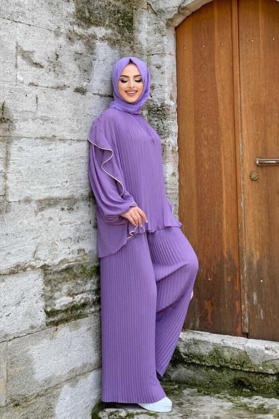 Bym Fashion Plissee-Rüschen-Streifendetaillierte Rundhalsbluse 2627 Flieder