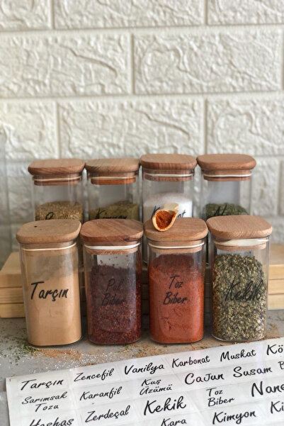 Genel Markalar 8'li 250 Ml Ahşap Kapaklı Vakumlu Etiketli Akrilik Mika Bahara...