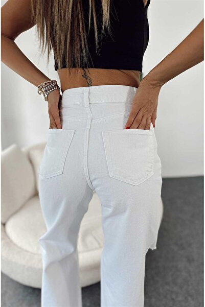 LİMABEL High Waist White Non-Showing Palazzo Jeans with Ripped Detail