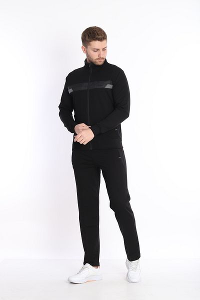 NEED LİFE Men's Black Casual Zippered Chest Embroidered Top and Bottom Tracksuit Set