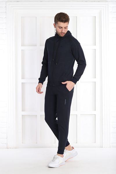 NEED LİFE Men's Navy Blue Daily Waffle Fabric Hooded Zippered Slim Fit Bottom Top Tracksuit Set
