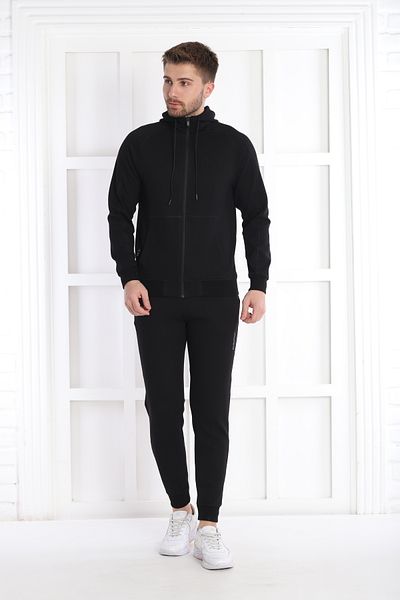 NEED LİFE Men's Black Casual Waffle Fabric Hooded Zippered Slim Fit Bottom Top Tracksuit Set