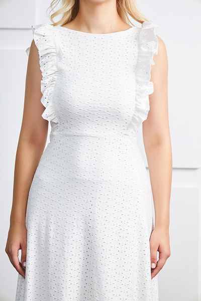 lovebox Rochie de damă, căptușită, din material flexibil, mâneci cu volan, lungime midi, albă 084