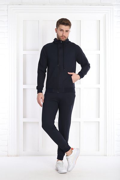 NEED LİFE Men's Navy Blue Daily Waffle Fabric Hooded Zippered Slim Fit Bottom Top Tracksuit Set