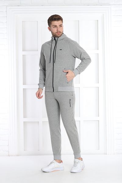 NEED LİFE Men's Gray Melange Casual Waffle Fabric Hooded Zippered Slim Fit Bottom Top Tracksuit Set