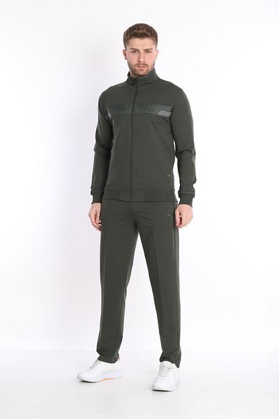 NEED LİFE Men's Khaki Casual Zippered Chest Embroidered Bottom Top Tracksuit Set