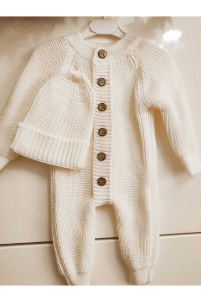 Meriç bebe Buttoned Ecru Selanik Knitted Knitted Baby Jumpsuit with Hat