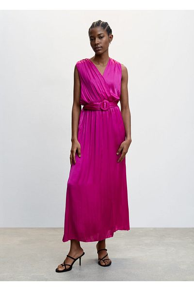 MANGO Woman Plissiertes Satinkleid