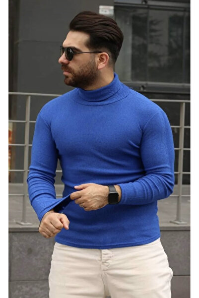 BYBÜLENT الياقة المدورة ليكرا ساكس الأزرق بادي سترة تريكو