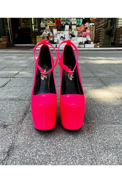 Afilli Women's Fuchsia Pink Neon Phosphor Patent Leather Platform Sole Thin High Heel Evening Dress Heeled Shoes