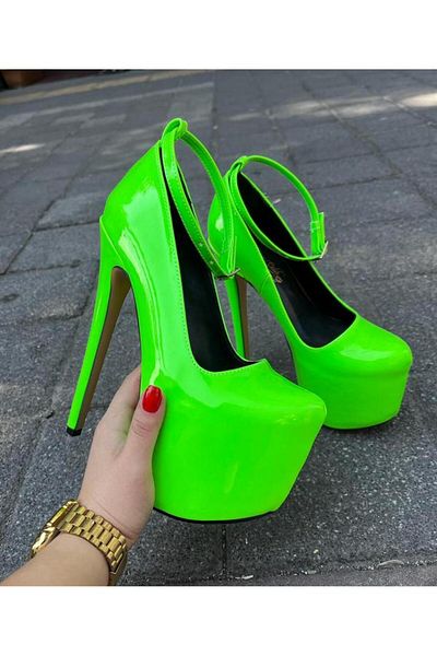 Afilli Rochie de seară cu toc înalt, cu talpă cu platformă strălucitoare, din piele verde neon fosfor, pantofi cu toc