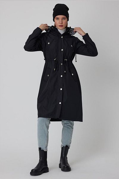 AYASOFYA OTANTIK Women's Black Removable Hooded Trench Coat with Drawstring at the Waist, Foldable Sleeves and Pockets