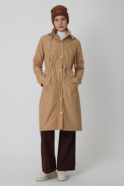 AYASOFYA OTANTIK Women's Beige Removable Hooded Trench Coat with Drawstring at the Waist, Foldable Sleeves and Pockets