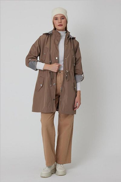AYASOFYA OTANTIK Women's Mink Removable Hooded Trench Coat with Drawstring at the Waist, Foldable Sleeves and Pockets
