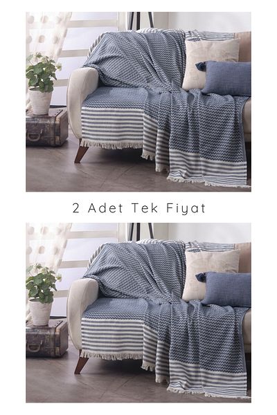 Lux Touch Olimpos Navy Blue 2-Pece Cotton Tassel Κάλυμμα καναπέ - 180 x 200 cm Καναπές Καναπές-κρεβάτι Πολυθρόνα Divan