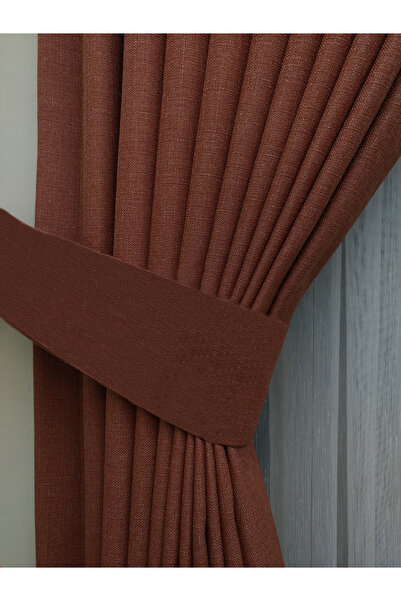 Evdepo Home Kiremit Düz Renk 1/3 Sık Pileli Keten Fon Perde, Sık Pile, Tek Kanat