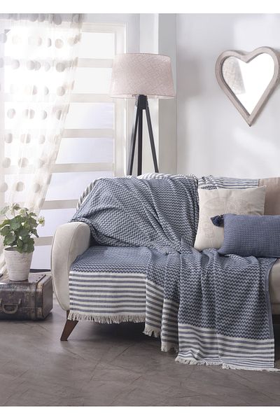 Lux Touch Olimpos Navy Blue 2-Pece Cotton Tassel Κάλυμμα καναπέ - 180 x 200 cm Καναπές Καναπές-κρεβάτι Πολυθρόνα Divan