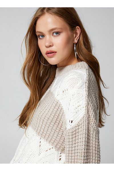 Koton Crew Neck Standard Plain White - Beige Sweater Women 4WAL90025HT