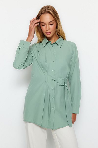 Trendyol Modest Tkaná košile Dark Mint Belted TCTAW24TG00014