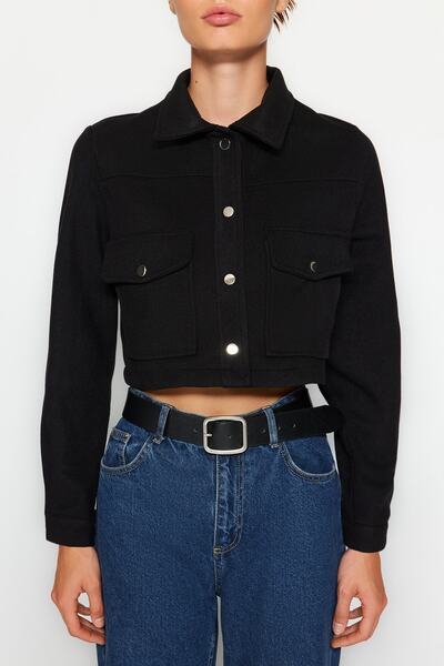Trendyol Collection Kabát Black Crop Stamped Jacket TWOAW24MO00131