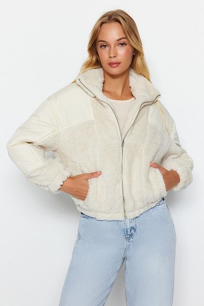 Trendyol Collection Ecru Color Block Plyšová bunda TWOAW24MO00219
