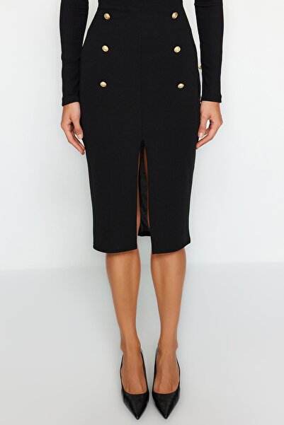 Trendyol Collection Pružná černá potápěčská krepová midi sukně s rozparkem – knoflík, TWOAW24ET00161