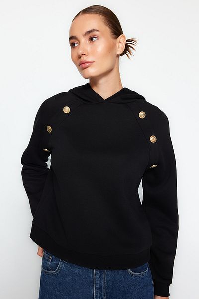 Trendyol Collection Черен плетен суитшърт с качулка и копчета с нормална кройка и дебел полар отвътре TWOAW24SW00215