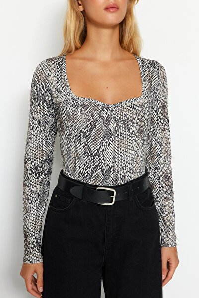 Trendyol Collection Többszínű nyomtatott szívgallér rápattintható kötött test TWOAW24BD00052