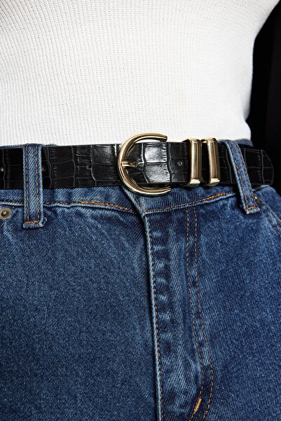 Trendyol Collection Black-Tan 2-Pack Croco and Plain Leather Look Women's Belt with Buckle TWOAW24KE00001