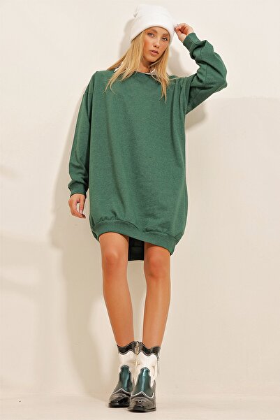Trend Alaçatı Stili Kadın Ceviz Yeşili Bisiklet Yaka Oversize Sweatshirt Elbise ALC-X10859