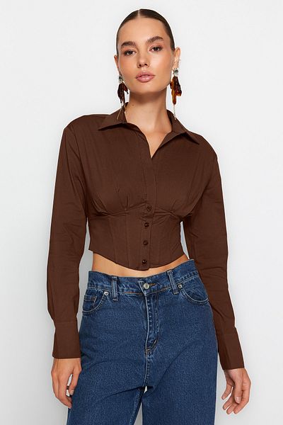Trendyol Collection Πουκάμισο από ποπλίνα καφέ Crop με λεπτομέρεια κορσέ TPRAW23GO00004