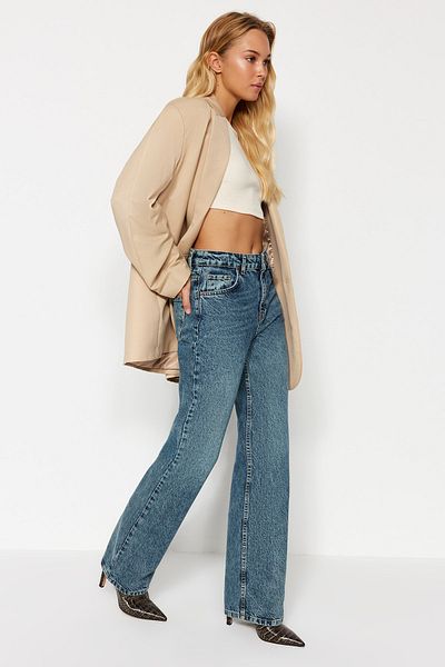 Trendyol Collection Blugi lați cu talie înaltă, cu efect albastru, vintage TWOAW24JE00089