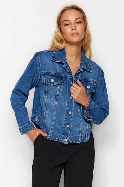 Trendyol Collection Dark Blue Denim Jacket with Waist Detail TWOAW24CE00061