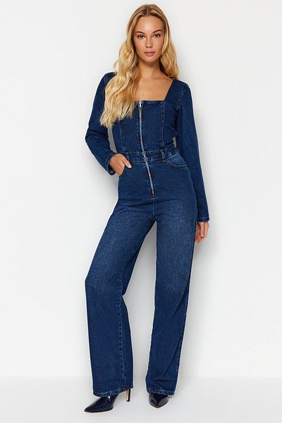 Trendyol Collection Salopetă din denim cu fermoar, albastru închis, cu guler pătrat TWOAW24TU00018