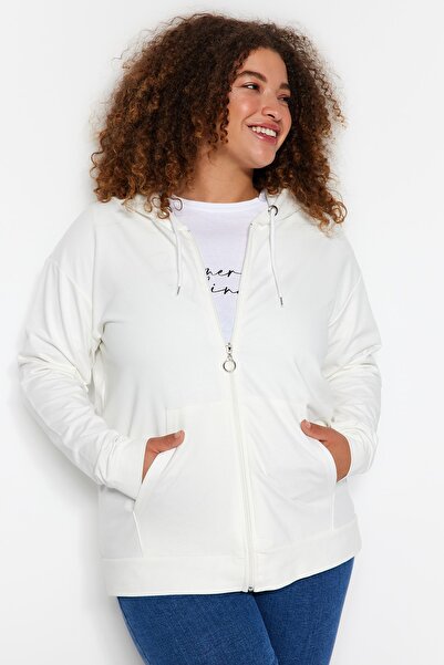 Trendyol Curve Ecrufarbenes, dünnes Strick-Sweatshirt mit Kapuze und Reißverschluss TBSSS22SW0169