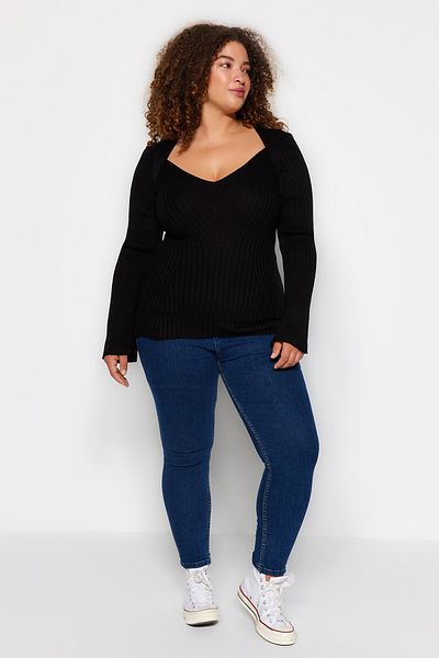 Trendyol Curve Black Wide Collar Ribbed Knitwear Sweater TBBAW24AN00033