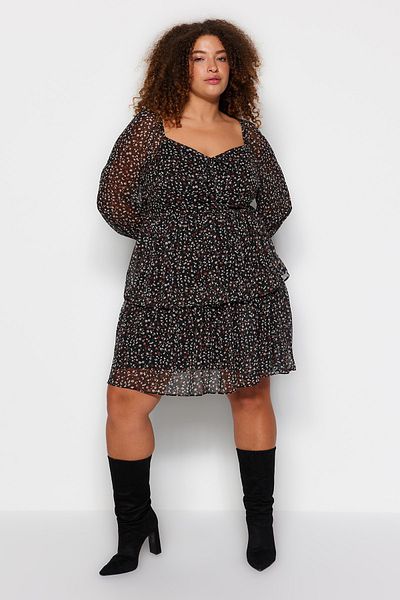 Trendyol Curve Long Sleeve Chiffon Midi Dress - Crispy Floral Print, Lined - TBBAW24AH00027