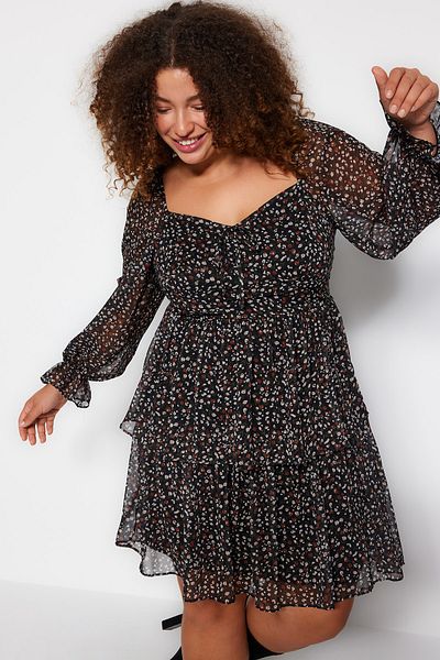 Trendyol Curve Long Sleeve Chiffon Midi Dress - Crispy Floral Print, Lined - TBBAW24AH00027