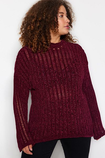 Trendyol Curve Weinroter perforierter Strickpullover mit durchbrochener Stickerei - TBBAW24AN00090