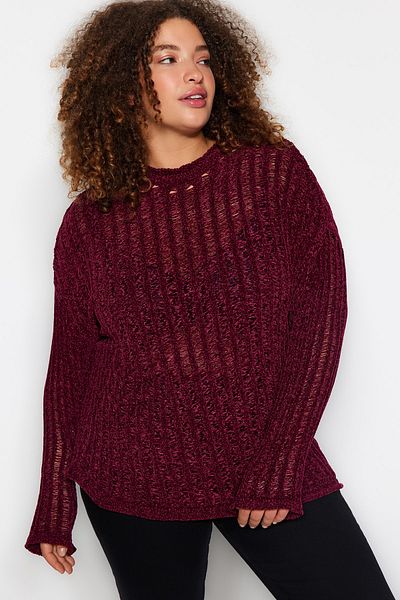 Trendyol Curve Weinroter perforierter Strickpullover mit durchbrochener Stickerei - TBBAW24AN00090