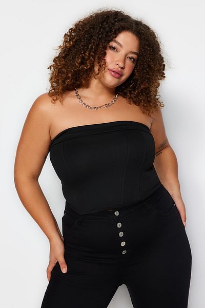 Trendyol Curve Μαύρη στράπλες πλεκτή μπλούζα TBBAW24DJ00000