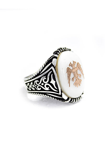 bymissmücevherat 925 Ayar Gümüş Sedef Taş Çift Başlı Kartal Işleme Yüzük
