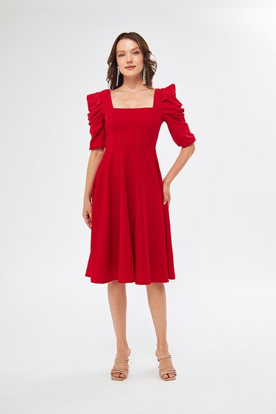 bayansepeti Flexible Crepe Fabric Short Sleeve Square Neck Midi Length Flared Cut Red Dress 080