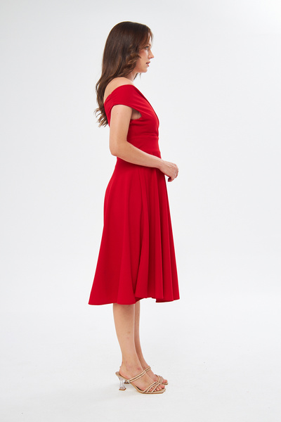 bayansepeti Rugalmas szövet duplasoros gallérral kiszélesedő vágott Midi hosszúságú piros ruha 046