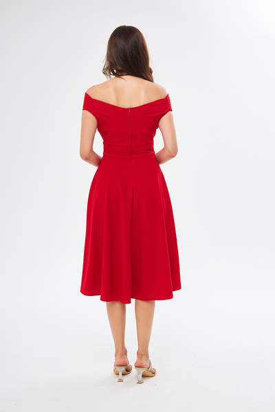 bayansepeti Rugalmas szövet duplasoros gallérral kiszélesedő vágott Midi hosszúságú piros ruha 046