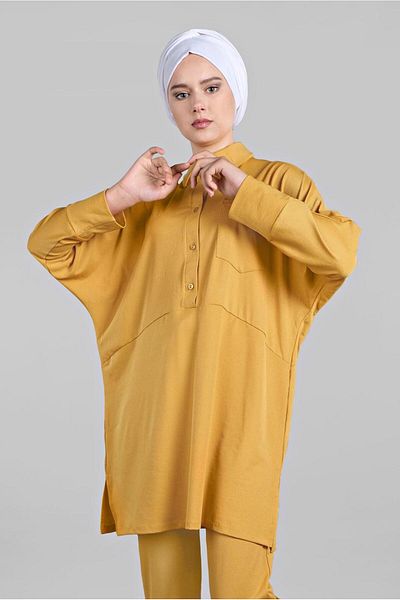 TRENDTESETTÜR Women's Yellow Bat Sleeve Detailed 2-Piece Trousers Set 7811
