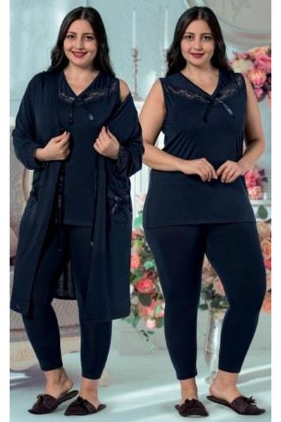 JENİKA Women's Large Size 3-Piece Pajamas Set with Dressing Gowns